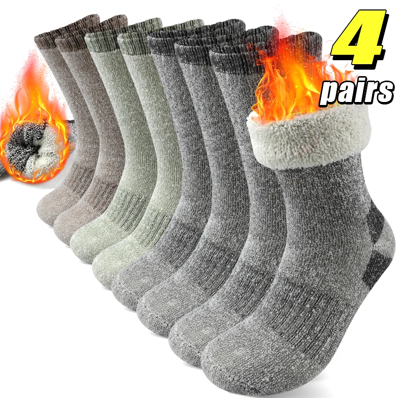 

4 Pairs Wool Thick Crew Socks Men Winter Fleece Keep Warm Outdoor Athletic Mid Tube Sock fot Home Floor and Skiing Sports Women