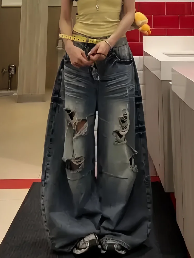 

Американские джинсы свободного кроя в стиле High Street для женщин, летние, новый стиль, с эффектом потертости и дырками, длинные брюки для дерзких девушек