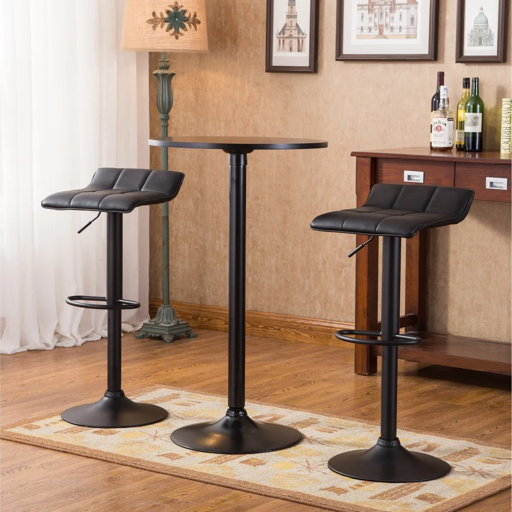 Bar Table Set with 2 Adjustable Swivel Stools Black Round Metal Dining Furniture Kitchen Home Pub