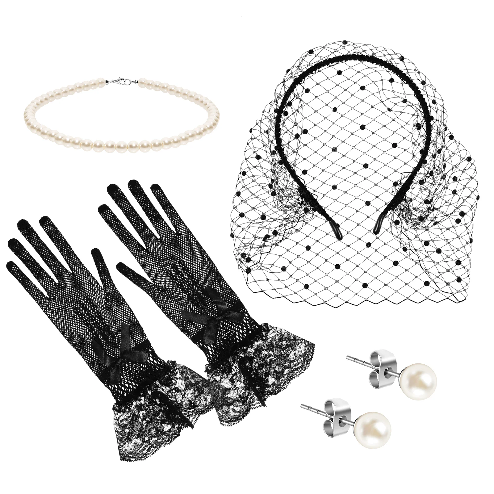 Headband Glove Necklace Fascinators for Women Pearl Necklaces Veil Gloves Earrings Studs Tea Party Mesh