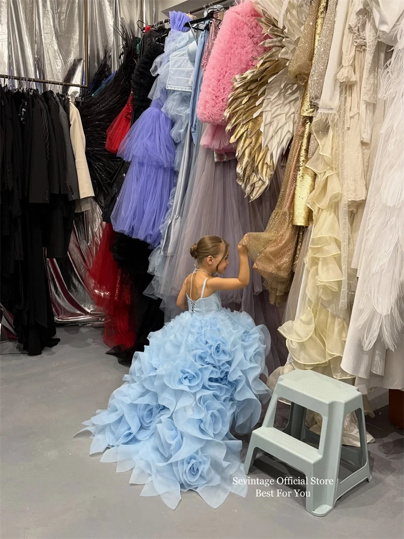 Sevintage Abiti da ragazza con fiori blu carini Abiti da ballo senza maniche con volant carini Abiti da festa di compleanno per bambini per matrimoni personalizzati