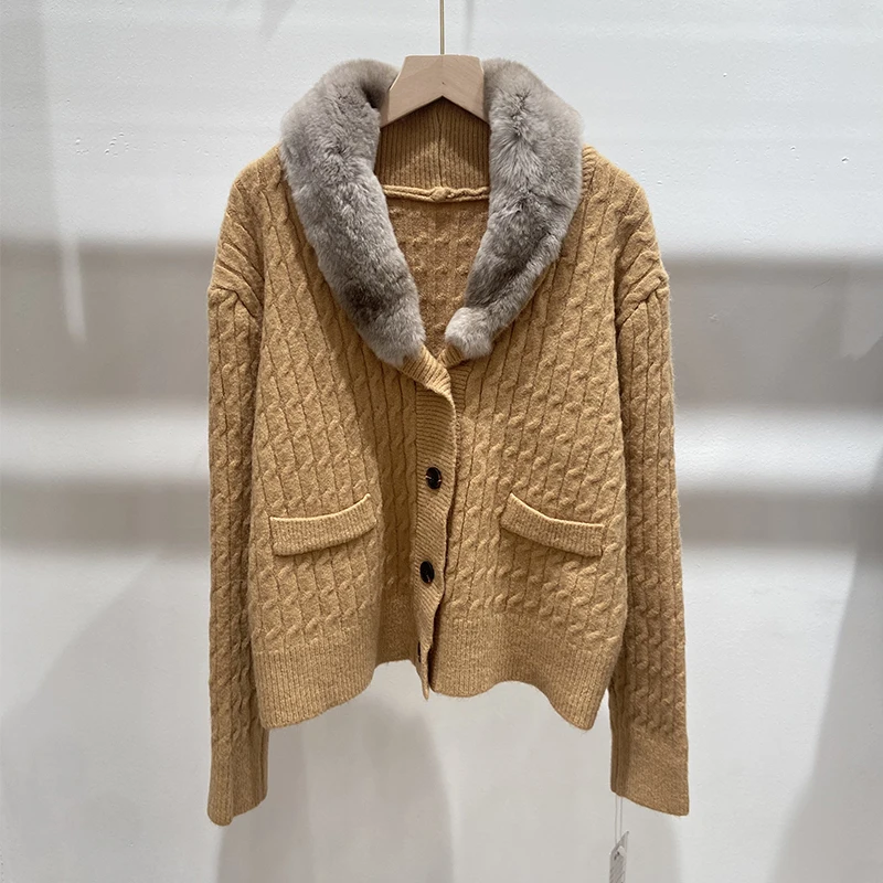 Women Autumn Natural Rex Rabbit Fur Collar Button Jacket Coat Camel Rex Rabbit Fur Long Sleeve Sweater Coat