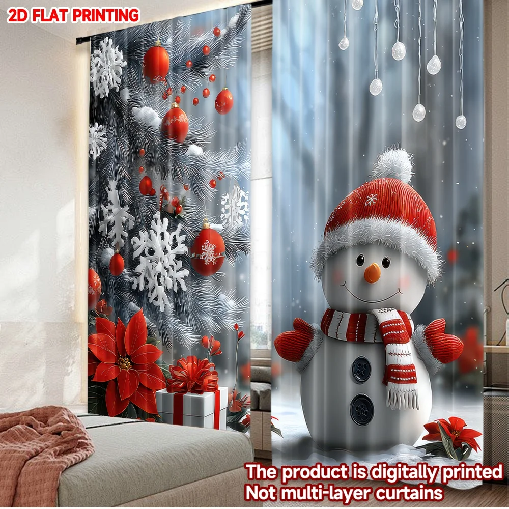 2D-Flachdruck, 2 Stück, Weihnachts-Hot-Party-Vorhänge, Weihnachts-Schneemann und Dekorationen, digital bedruckte Polyester-Vorhänge, festlich