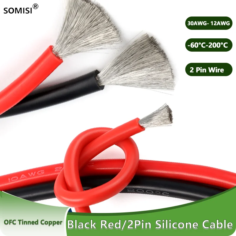 

1/2/3/5/8/10M High Temperature Silicone Wire 2Pin Cable 30~12AWG Electrical Silicone Wire For Automotive Car Solar Panel Battery