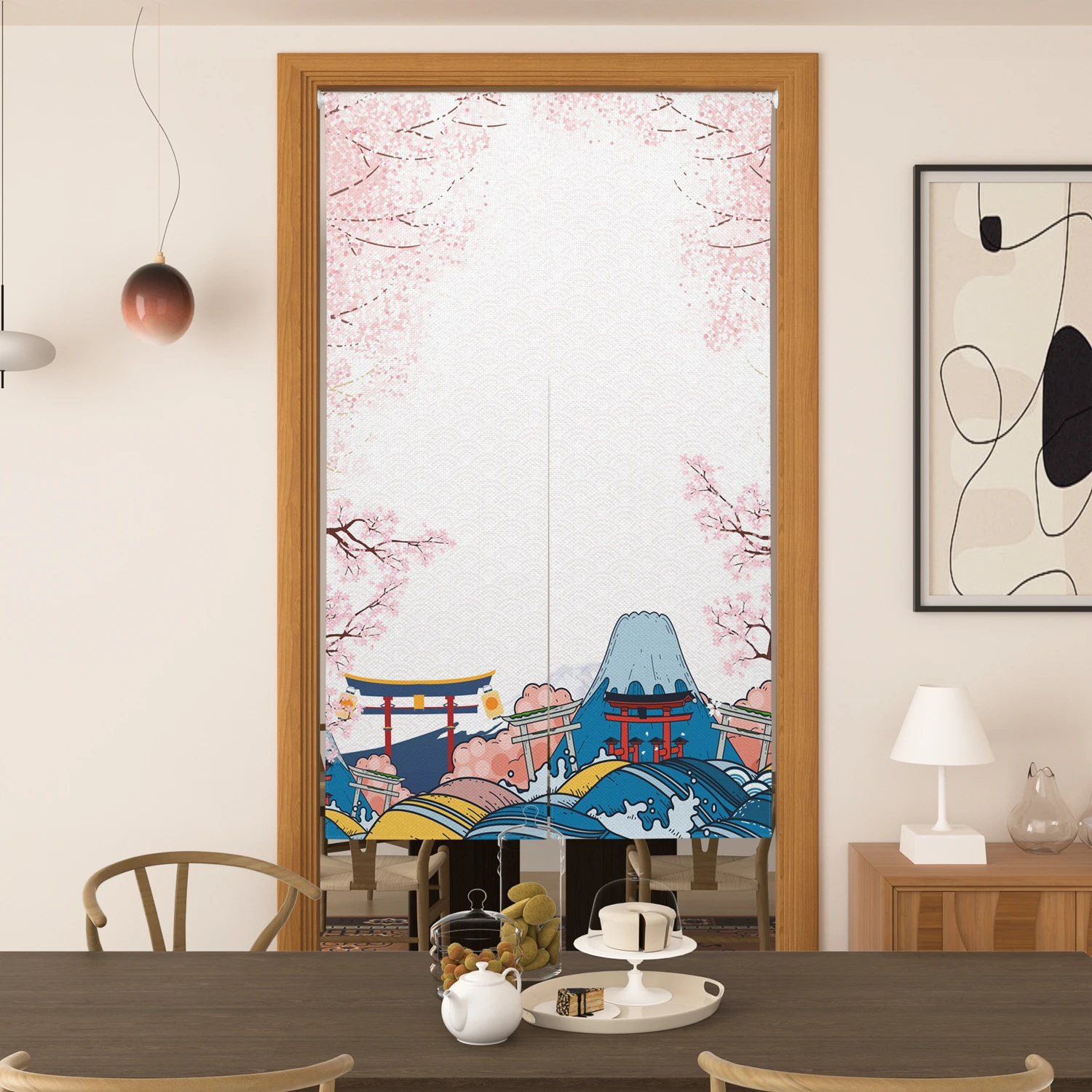 Washable Japanese Style Door Curtain Mount Fuji Cherry Blossom Wave Pattern Dining Room Kitchen Half-Curtain Home Decor