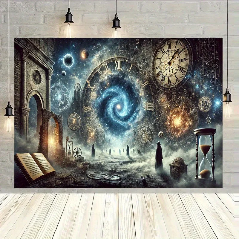 Time Travel Clock Galaxy Steampunk Hourglass Surreal Tapestry Sci Fi Wall Art Office Decor Vintage Futuristic Background Print