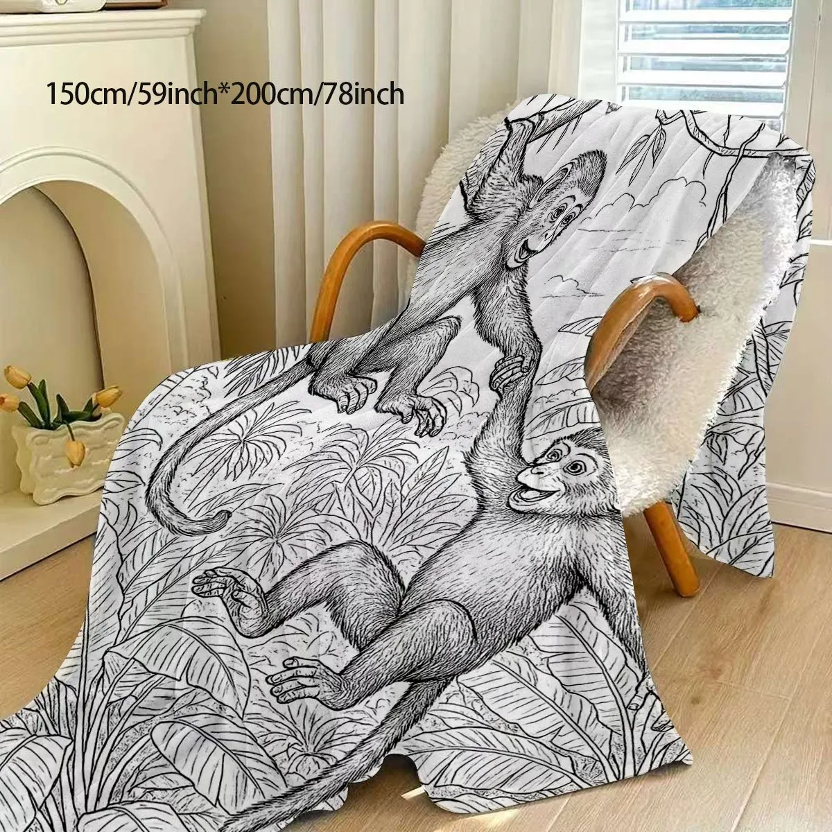 DIY Black and White Line Art Style Jungle Monkey Flannel Blanket, Hand-painted Pattern of Two Mischievous Monkeys, DIY Coloring