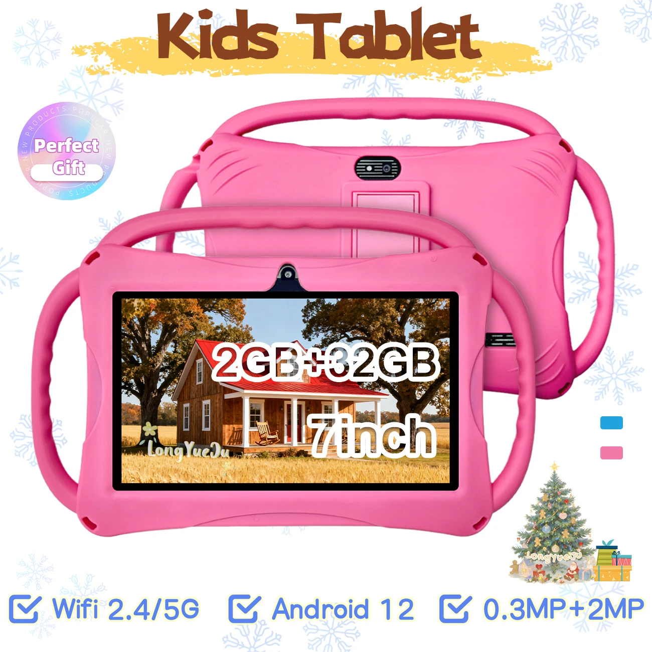 

7-дюймовый образовательный планшет Android, двойная камера, родительское управление, многофункциональный, защитный чехол, праздничный подарок, синий/розовый