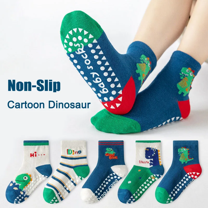 5 Pairs Boys Non-Slip Socks Cute Dinosaur Cartoon Pattern Comfortable Breathable Kids Baby Floor Socks for Spring And Summer