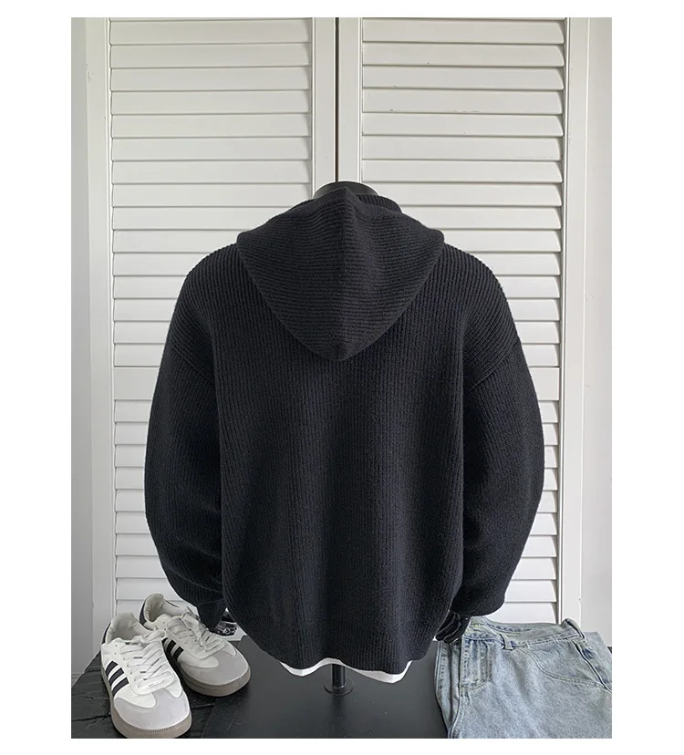 2026 New Autumn Winter Simple Solid Color Knitted Hoodie Men Japan Korean Fashion Casual Loose Double Zipper Hooded Jacket