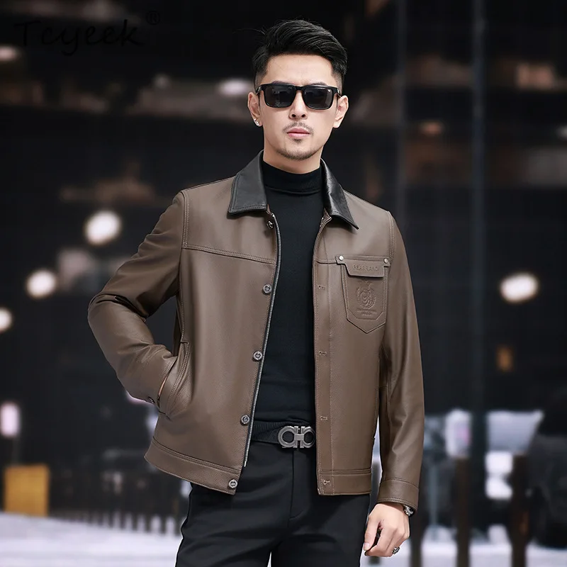 Tcyeek Echte Lederjacke für Herren Business Casual Herrenjacken Herbstkleidung Obermaterial Rindsleder Trendige Blockierungsjacke Jaqueta Couro