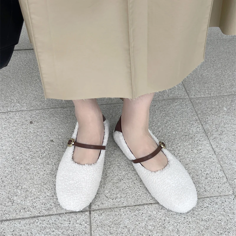 

Winter Women For Shoes Warm Ballet Flats Hollow Buckle 2024 New Short Plush Wool Home Cotton Shoes Suede Mules Ladies Shoes Pump