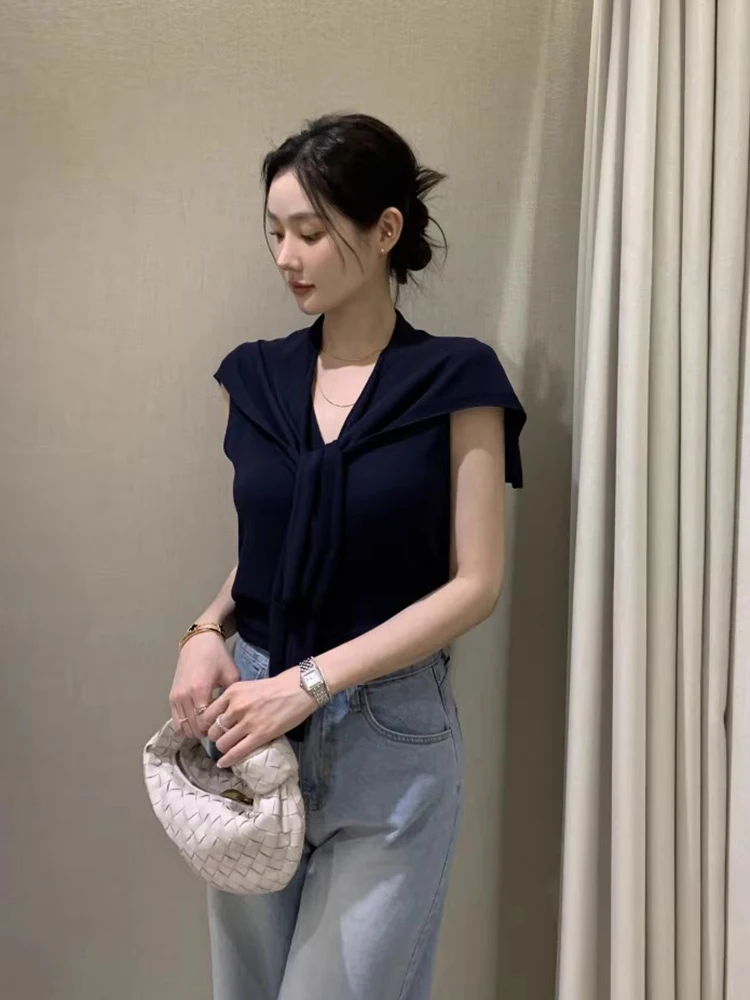 Slim Fit Knitted Vest Women's Faion Set Pure Color Summer New Sle Retro Personali Aesthetic oulder awl Two Piece Set