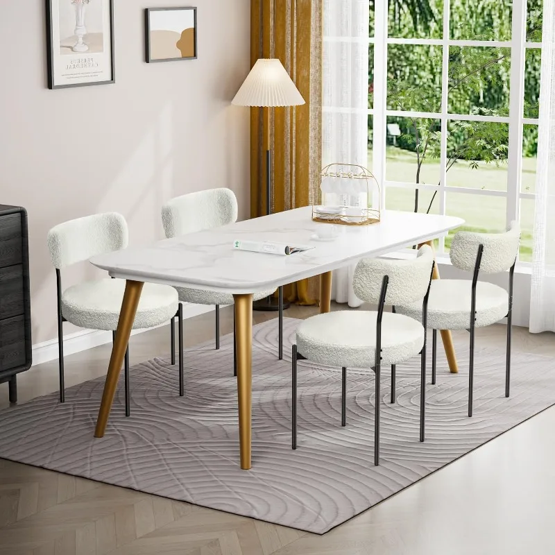 Boucle Dining Chairs Set of 4, Round Dining Room Chairs with Metal Legs, Upholstered Dining Chairs with Curved Back