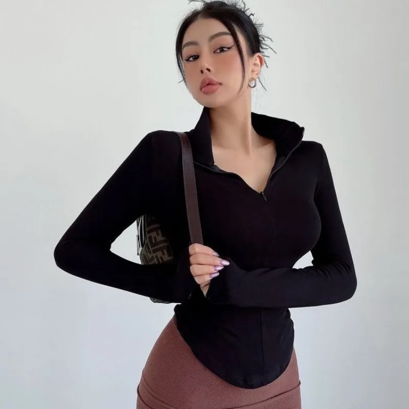 New Women's Yoga Top Pure Desire Spicy Girl Slim Fit Lapel Half Zipper Long Sleeved Waist Cinched Fleece Base Shirt T-shirt Top