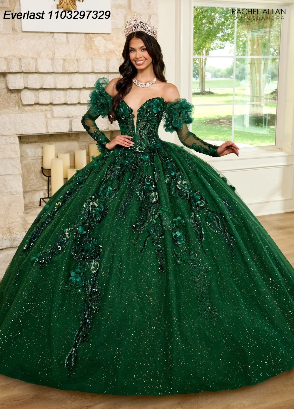 EVLAST Customized Emerald Green Quinceanera Dress Ball Gown Floral Applique Beading Corset Sweet 16 Vestido De 15 Anos TQD484