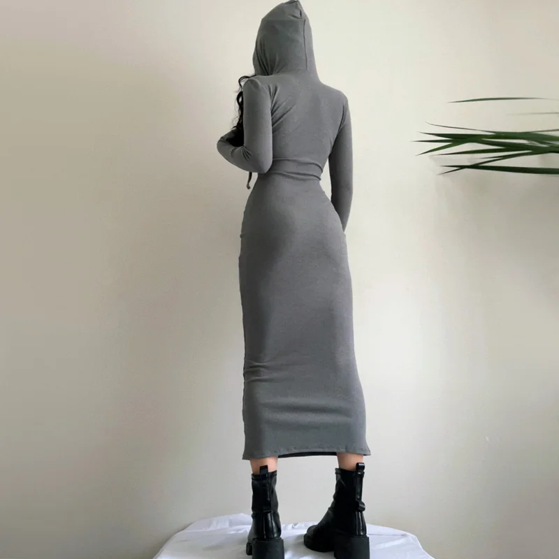 Women Sexy Hooded Jersey Midi Dress Fitted Midi Dress