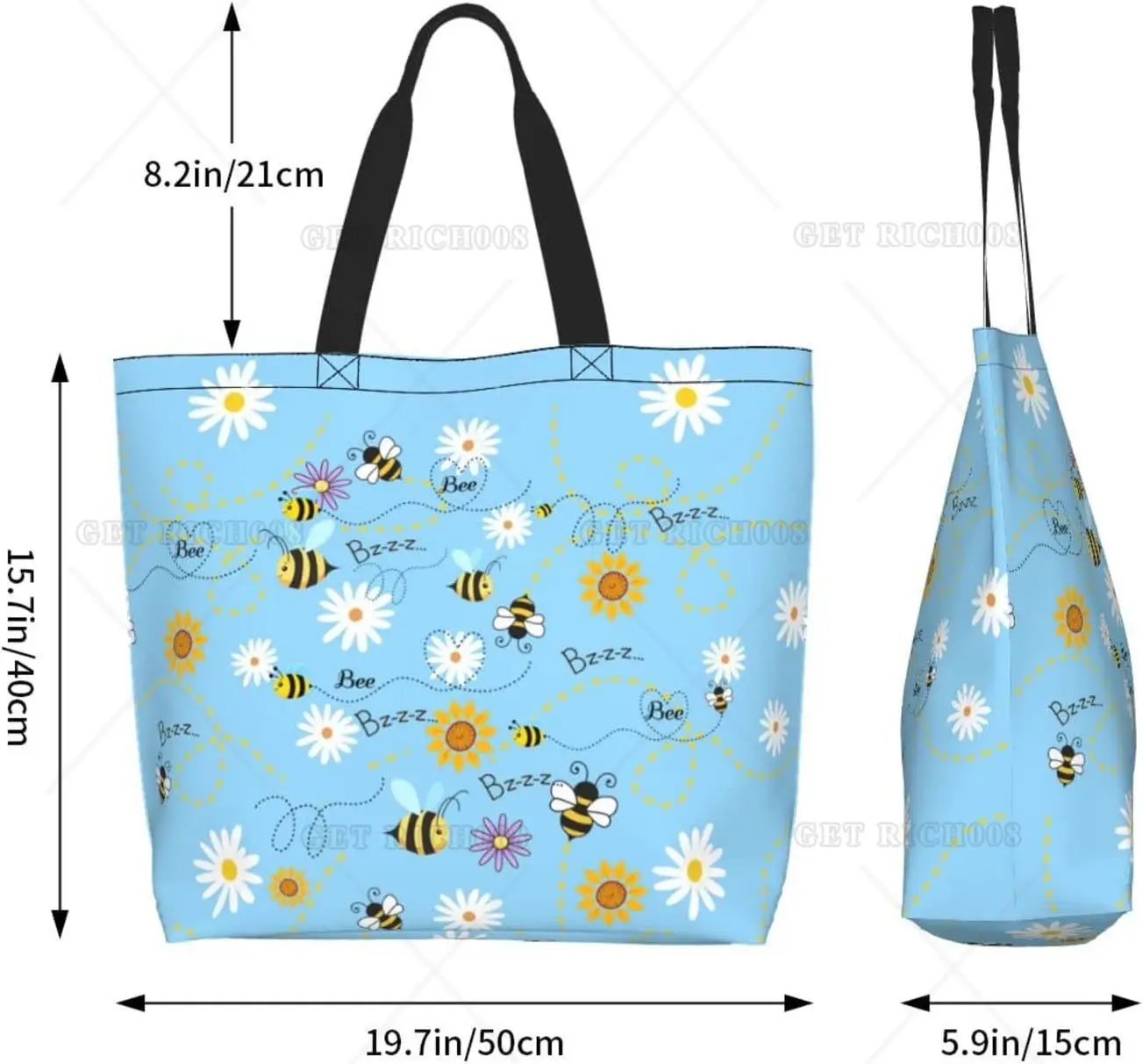 Bee and Daisy Flowers Blue Tote Bag Casual Shoulder Bag Handbag Reusable Shopping Travel Grocery Bag Tote Gifts for Women