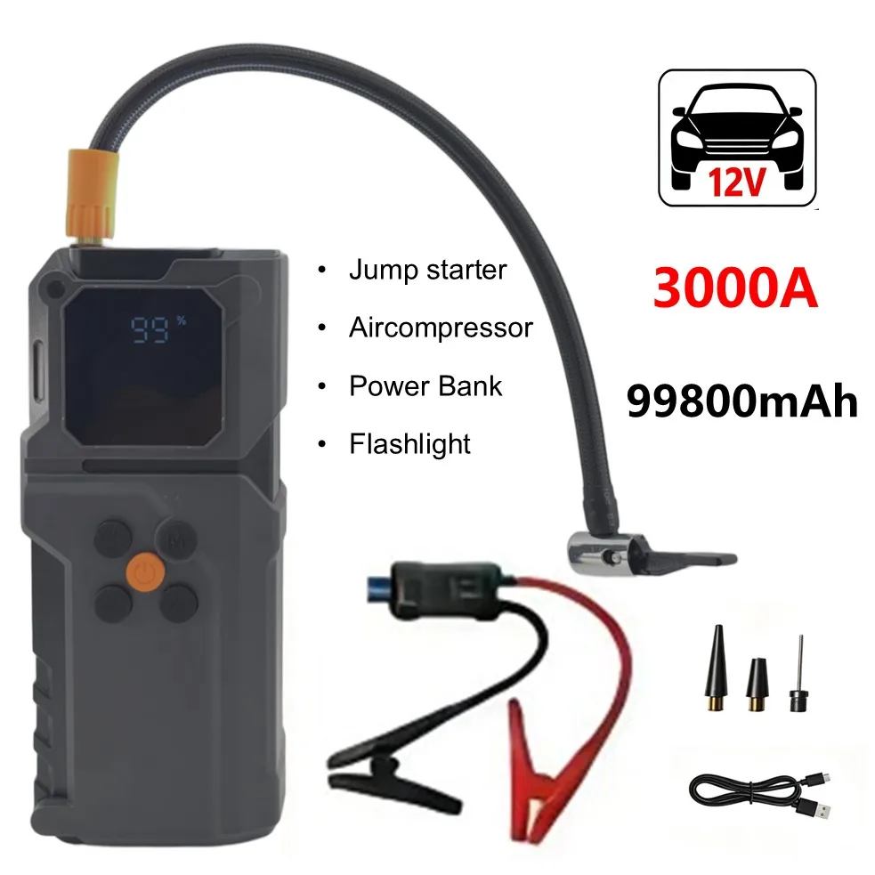 Upgraded Car Emergency Jump Starter with Air Compressor, Smart Battery Clamps Auto Detection, Durable Power Bank with Flashlight