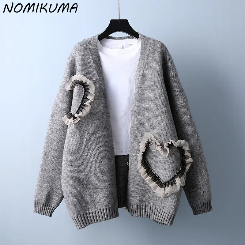 Nomikuma Causal Knitted Cardigan Chic Korean Lace Love Heart Sweater Coat 2023 Autumn Winter Women Top Knitwear 6X274