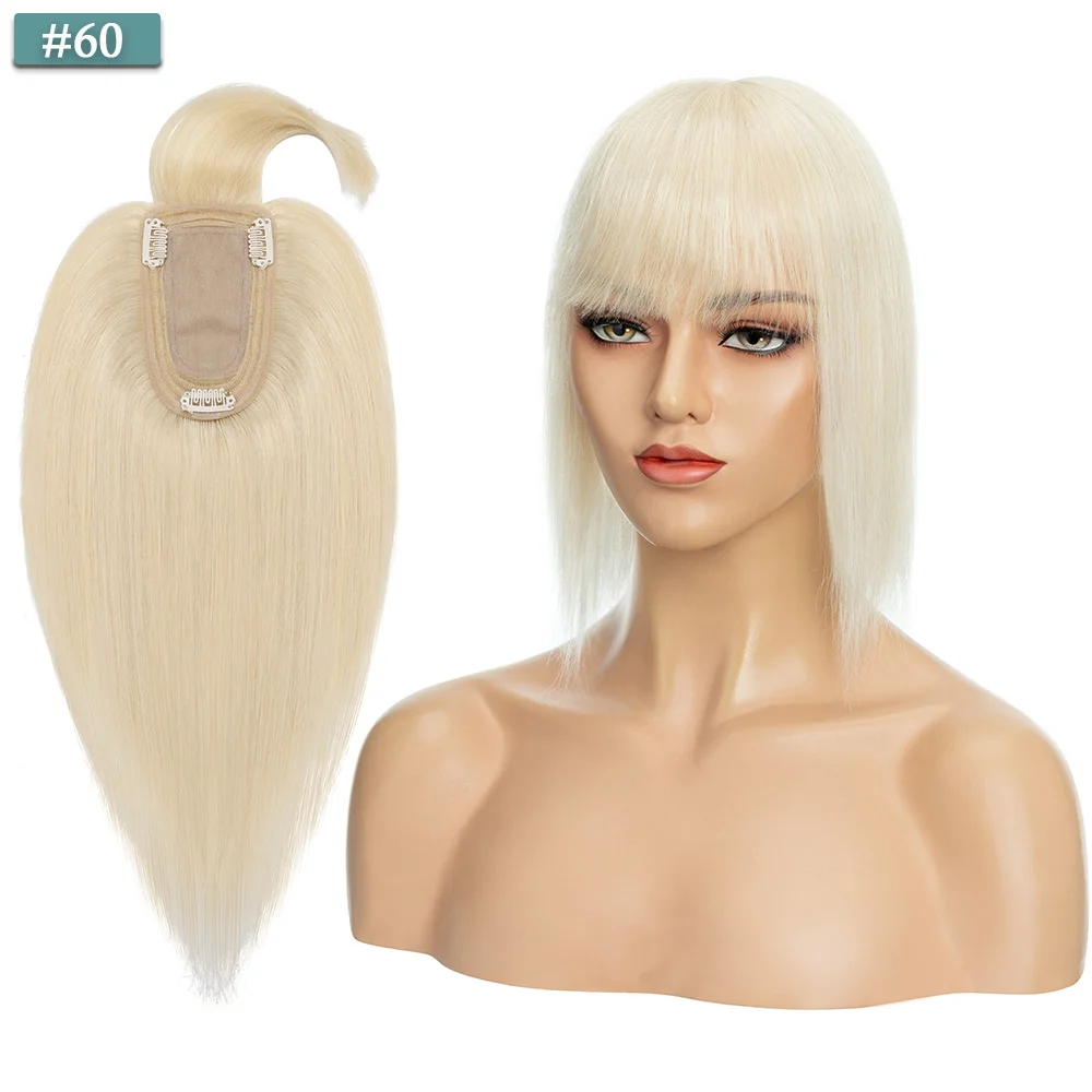 SEGO 7x13CM Echthaar-Topper mit Pony für Frauen, Seidenbasis, natürliche Haarteile, Perücken für Haarausfall, Volumenabdeckung, graues Haar – Detail 24