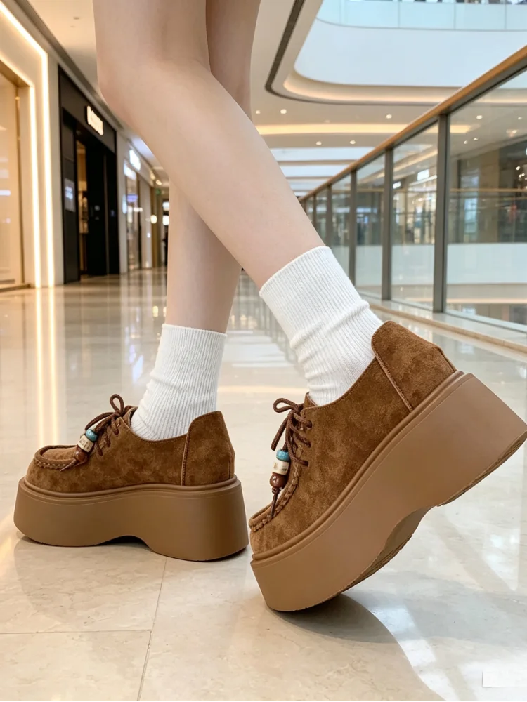 Women's Retro Platform Loafers, Colorful Wood Bead Lace-up Round Toe Shoes, Height Increasing British Style Casual Flats