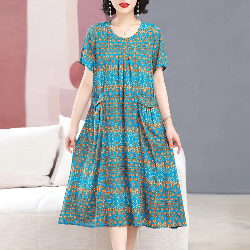 2024 Summer Plaid Printed Vintage Dresses Female Clothing Stylish Folds A-Line Casual Loose Pockets Spliced Commute Midi Dress