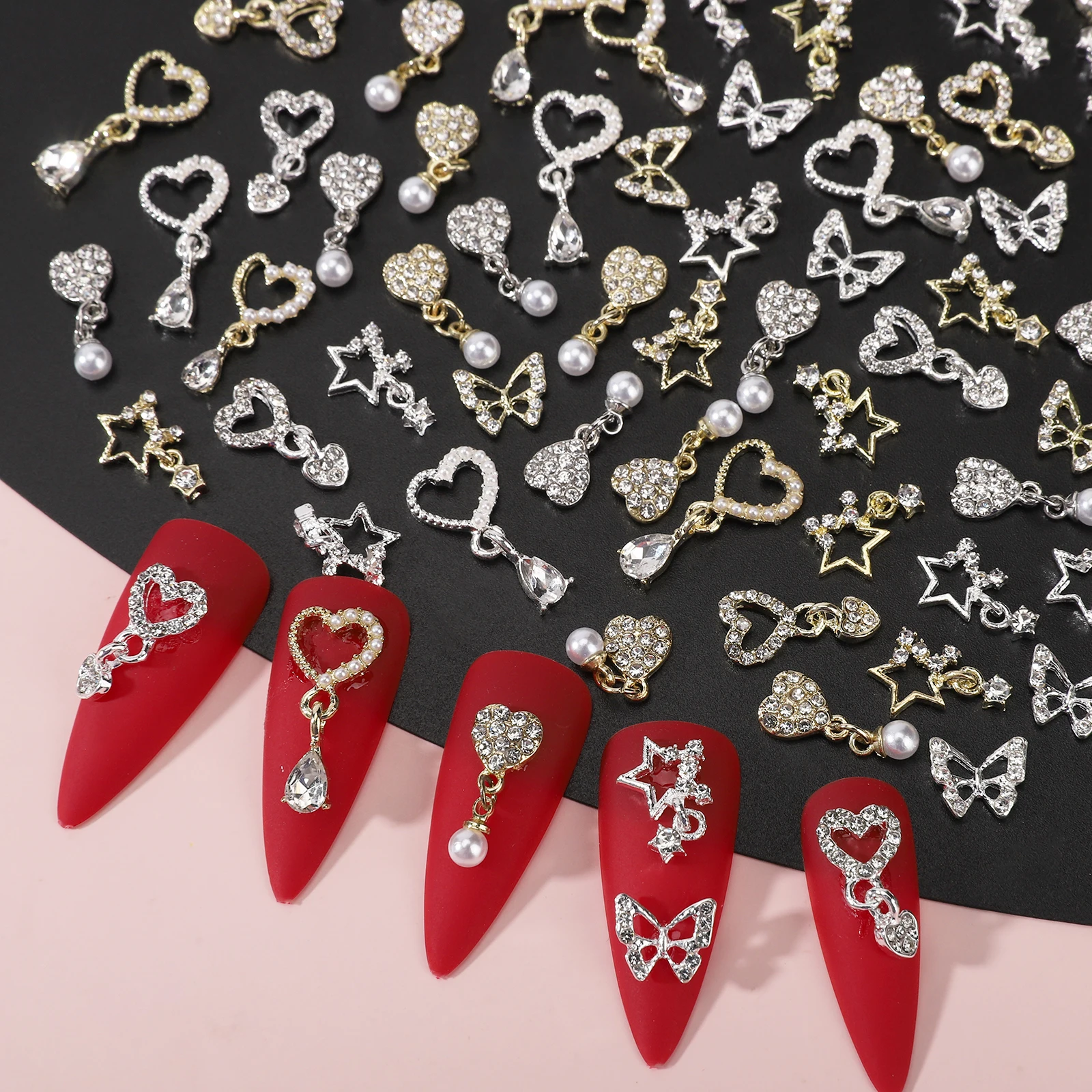 40Pcs Heart Dangle Nail Charms Nail Rhinestones and Gems,Silvery Golden Nail Jewels Charms with Faux Glass Diamonds Stones Inlay