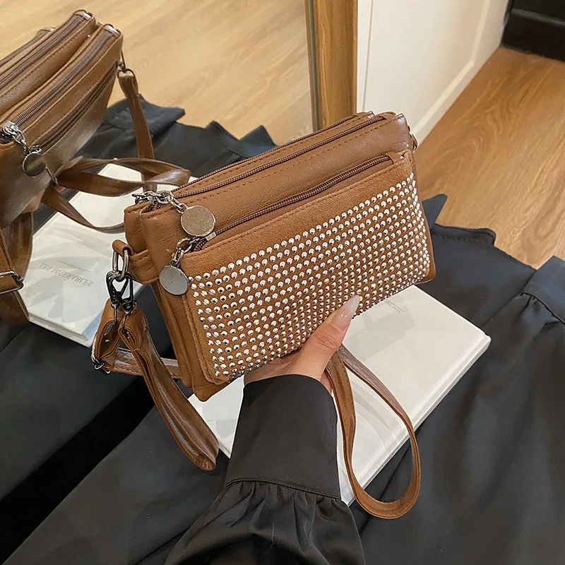 

2025 Popular Diamond-encrusted Soft Leather Small Square Bag Women's Niche Retro Texture Multi-layer Shoulder Messenger Bag