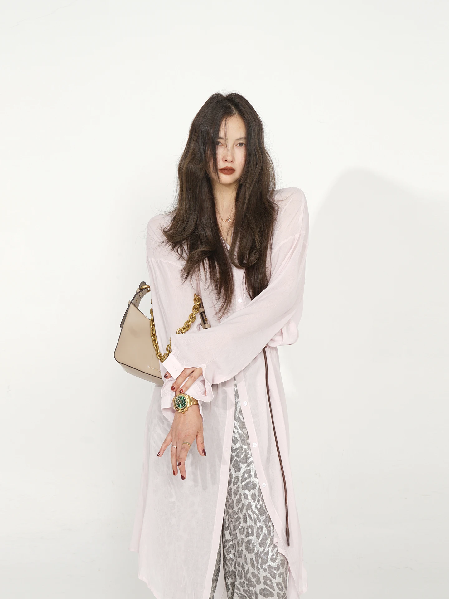 

Akimbo Long Thin Loose Feeling P Pink Spring Cardigan Women's Commute Sle Straight Cut Polyester Fiber Long Sve irt