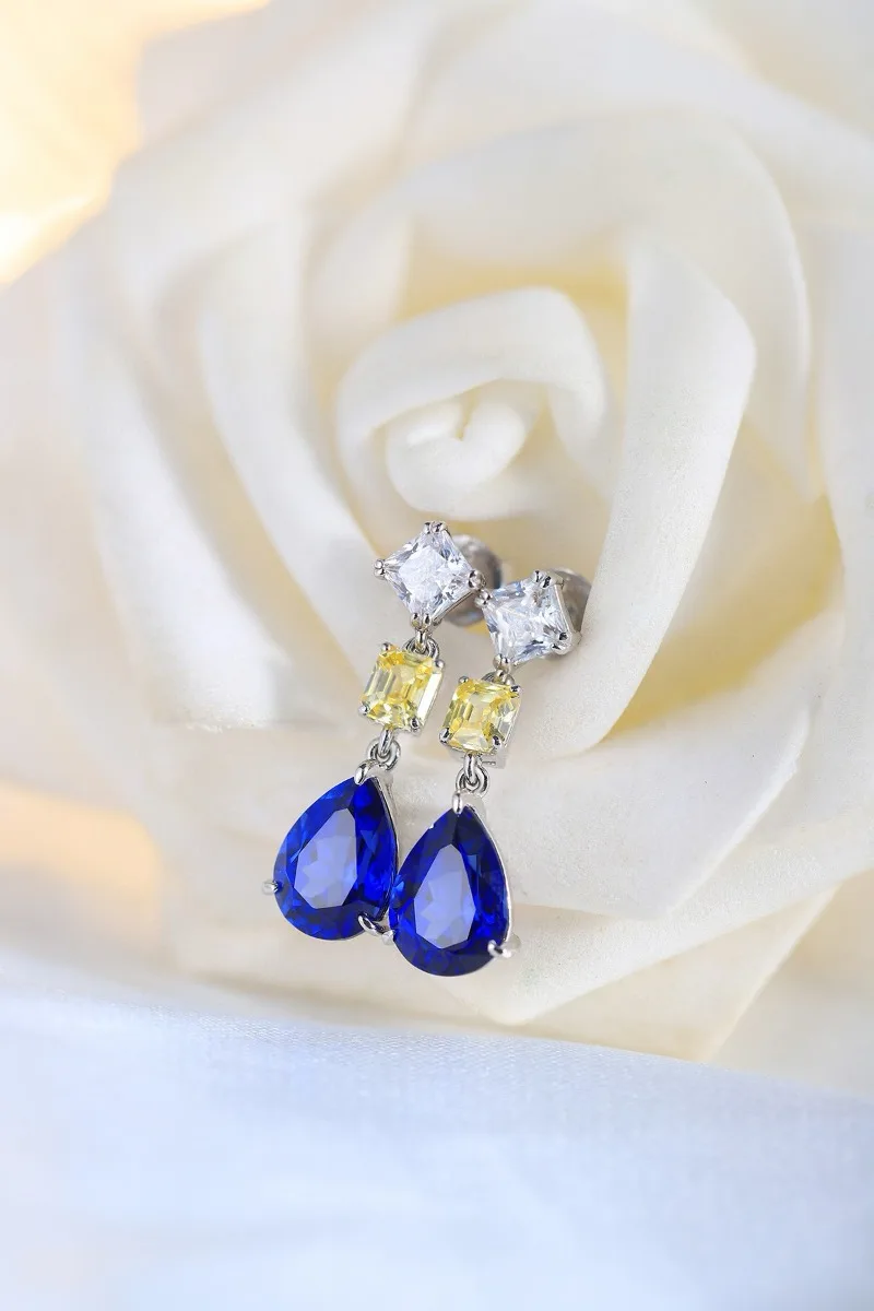 Ruihe New 925 Silver Lab Grown Sapphire with Simulated Diamond Zirconia Yellow White Elegant Earrings Women Jewelry Personalized