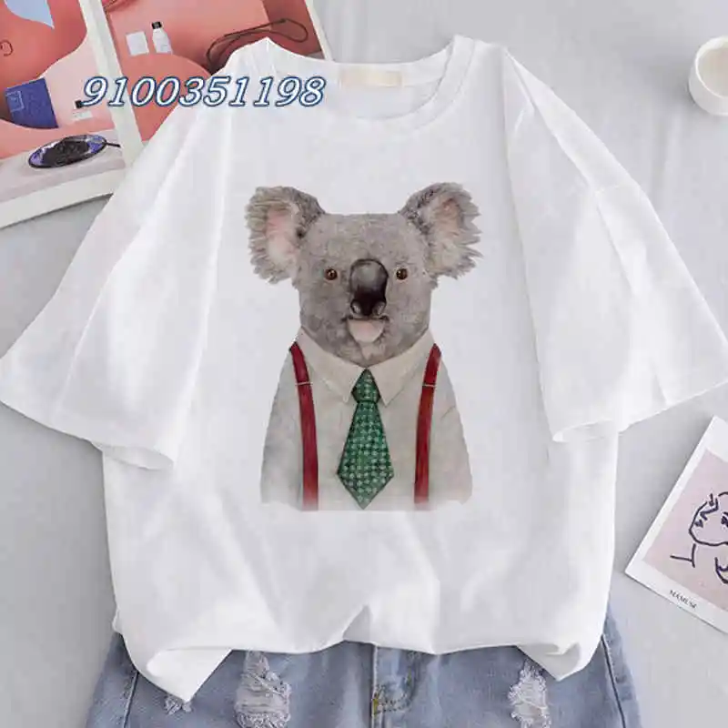 Schattige Koala Dieren Afdrukken T-Shirt Tops Leisure Girl Tshirt Cartoon Meisjes Witte Korte Mouwen Normaal Shirt Femme Dropshipping