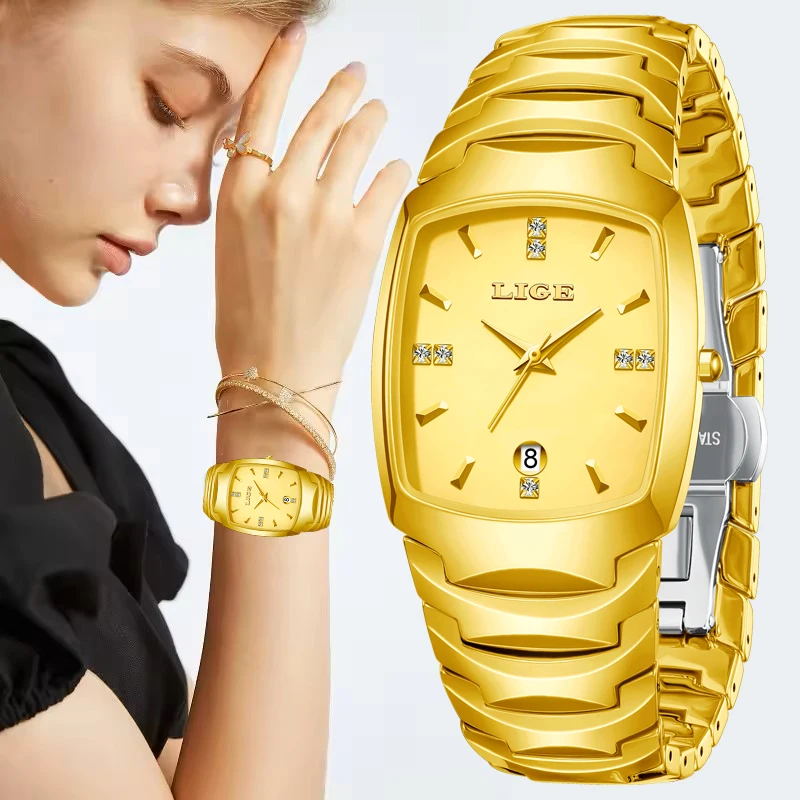 LIGE 2026 New Gold Quartz Watches for Women Creative Square Women's Bracelet Watch Elegant Fashion Waterproof Ladies Wristwatch