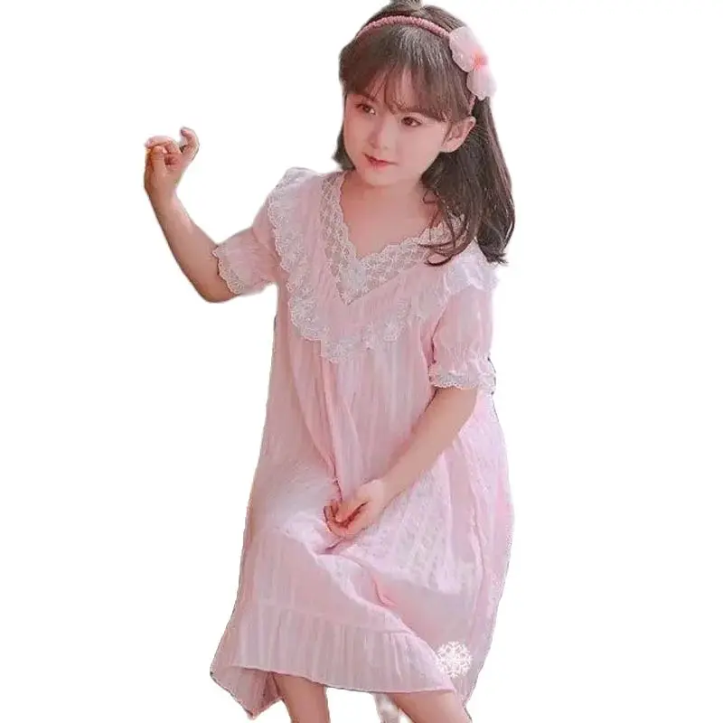 Spring Summer Children Nightdress Breathable Jacquard Cotton BabyShort Sleeve Sleepshirts Solid Color Girls Lace Nightgown Sweet