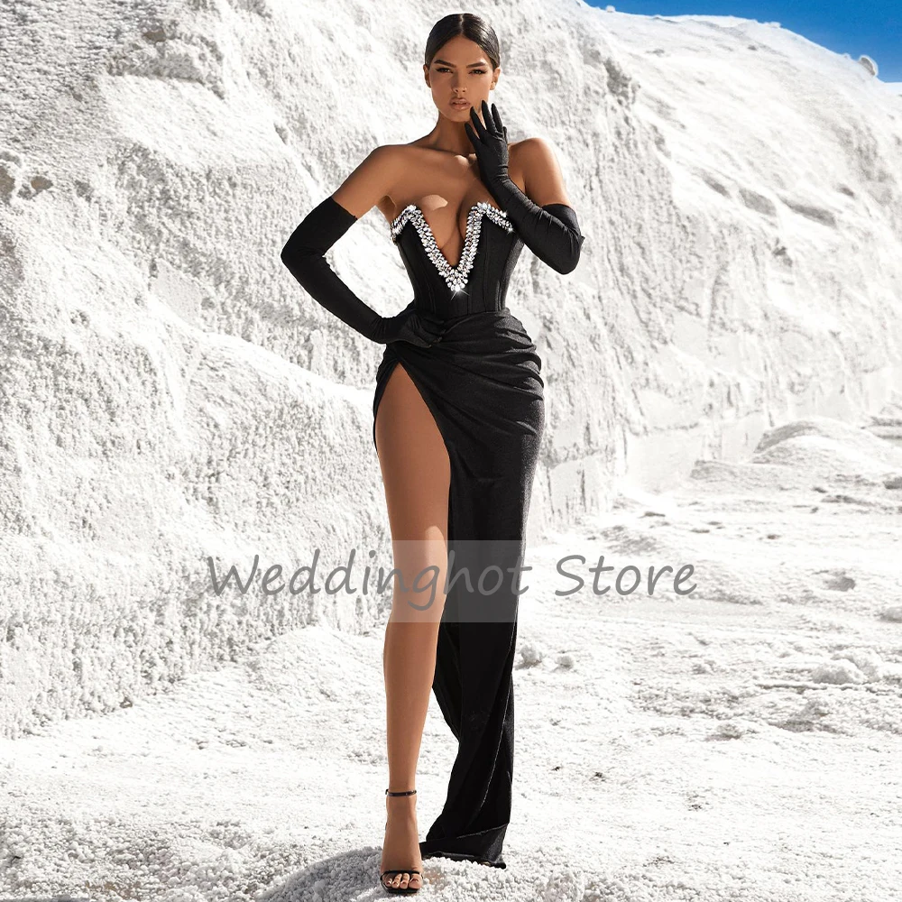 Sexy Evening Dress Black Spandex Crystal V Neck High Split Backless Women's Evening Gowns Long Floor Length Mermaid Prom Dresses