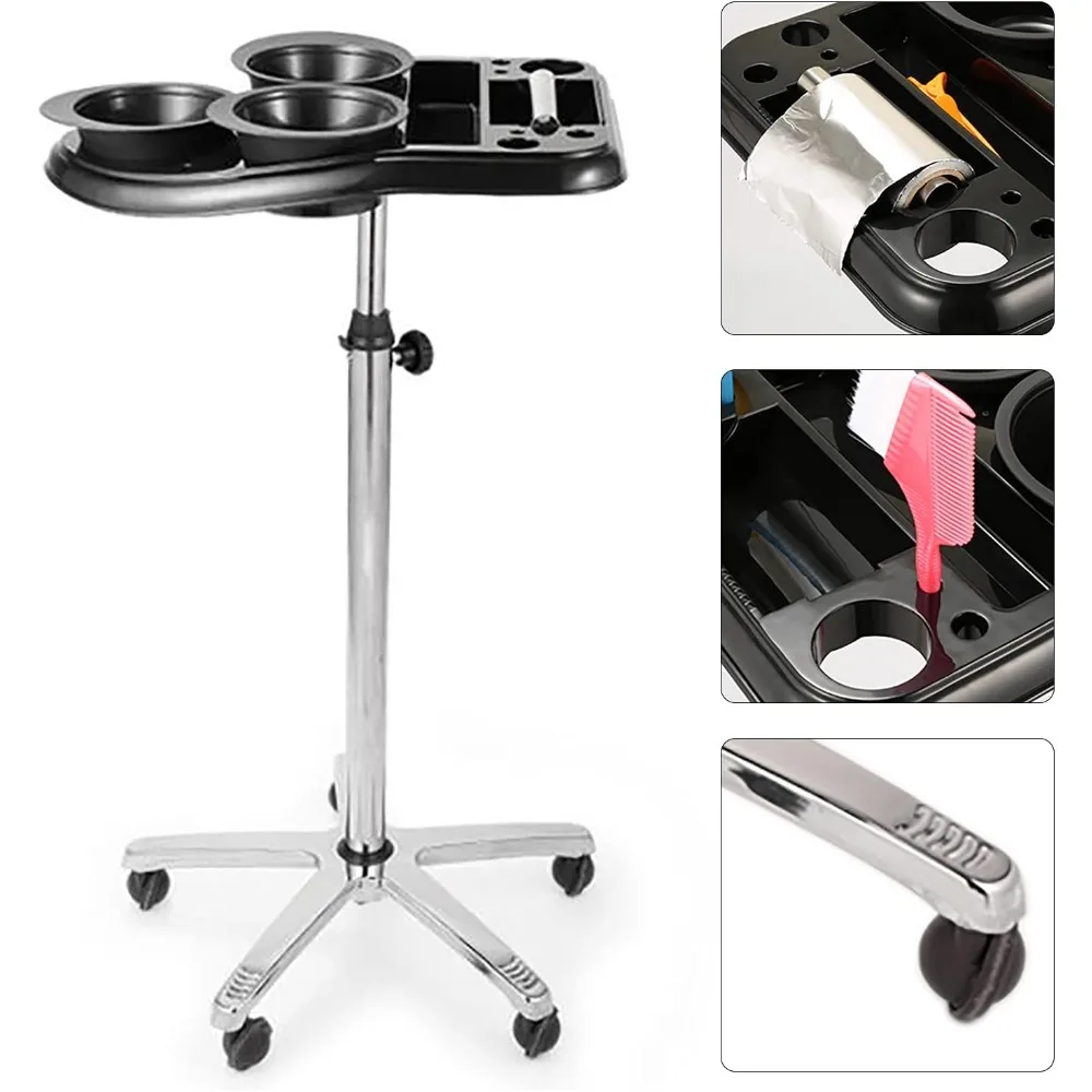 Hairdressing Trolley on Wheels 70-105 cm Adjustable with 3 Colouring Bowls for Salon Spa Hairdressing Trolley