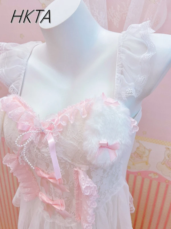 

Lolita Sweet Cute Versatile Outerwear Tops Women Summer Kawaii Mesh Bow Lace Stitching Backless Hot Girl Suspender Vest Sling
