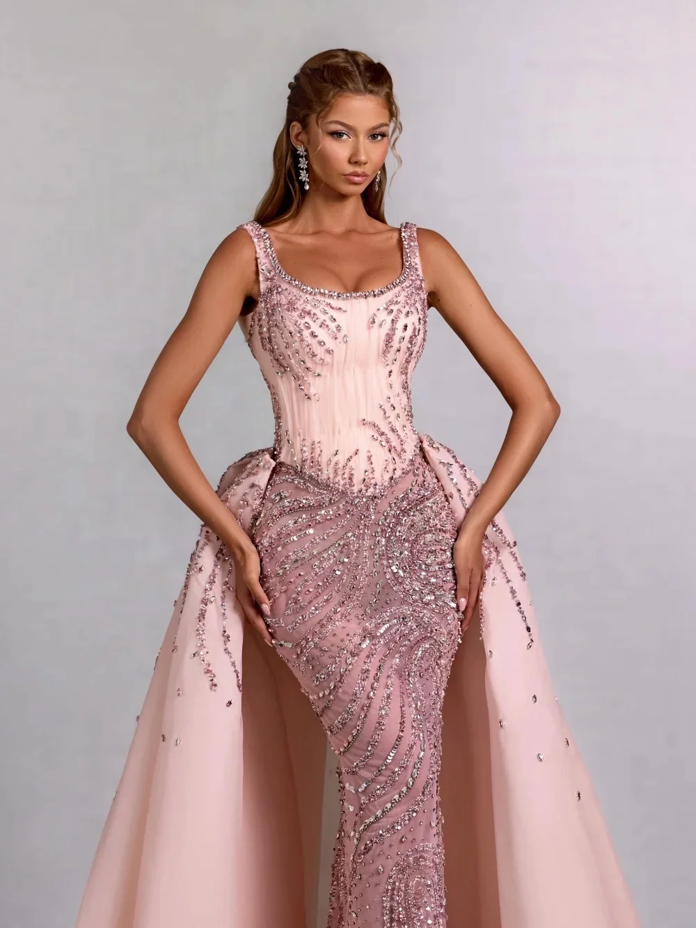 فساتين سهرة براقة من حجر الراين مطرز فستان حفلة موسيقية مع ذيل قابل للانفصال انظر من خلال حورية البحر رداء حفلات Vestidos De Noche