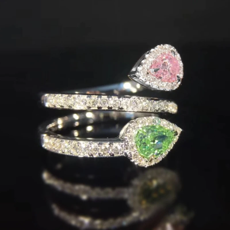 Huitan Pink/Green Waterdrop Cubic Zirconia Cross Rings for Women Colorful CZ Temperament Sweet Engagement Wedding Trendy Jewelry