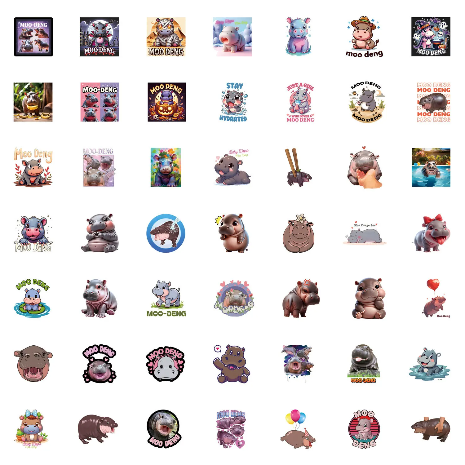 

50PCS Cartoon Animal Cute Hippo Moo Deng Sticker Graffiti Decal Children's Toys Gifts DIY Water Cup Pencil Box Luggage