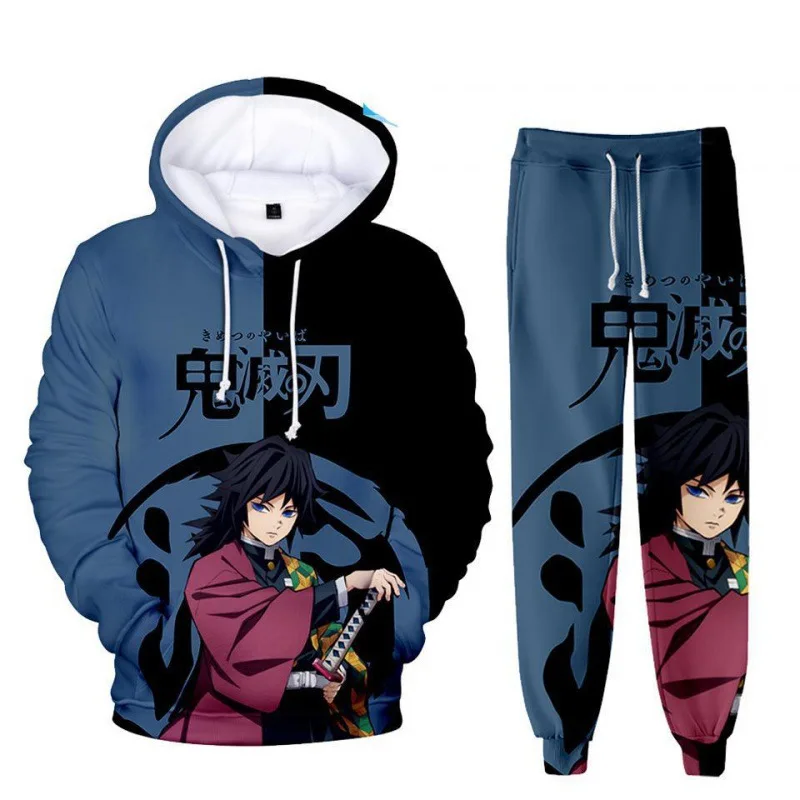 Anime demon slayer hoodies 3d impresso cosplay calças + moletom com capuz 2 pçs conjunto de treino masculino oversize vintage streetwear calças com capuz conjuntos