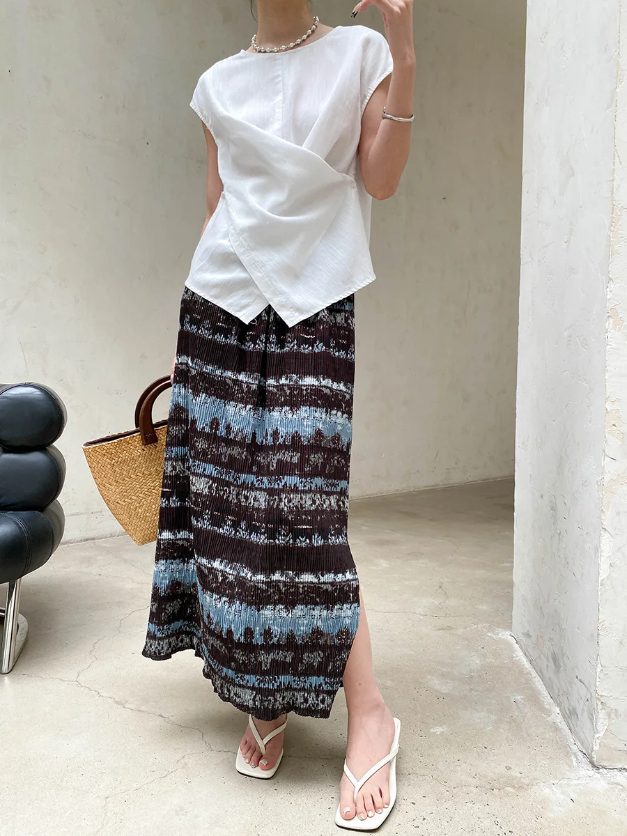 Sommerlicher Damenrock mit elastischem Bund, plissierter Textur, Retro-Print und geradem Schnitt – Detail 13
