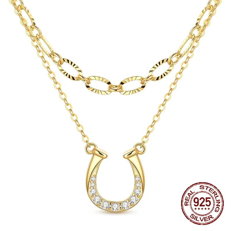 

925 Sterling Silver Golden Double Layer Necklace CZ Horseshoe Pendant Lucky Symbol Design Layered Jewelry Gift for Women Girls
