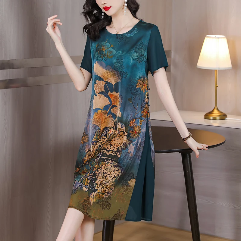 Women's Silk O-Neck Short Sleeve Dress Summer New Vintage Print Mom's Loose Large Fragmented Flower Slim Knee Length Skirt