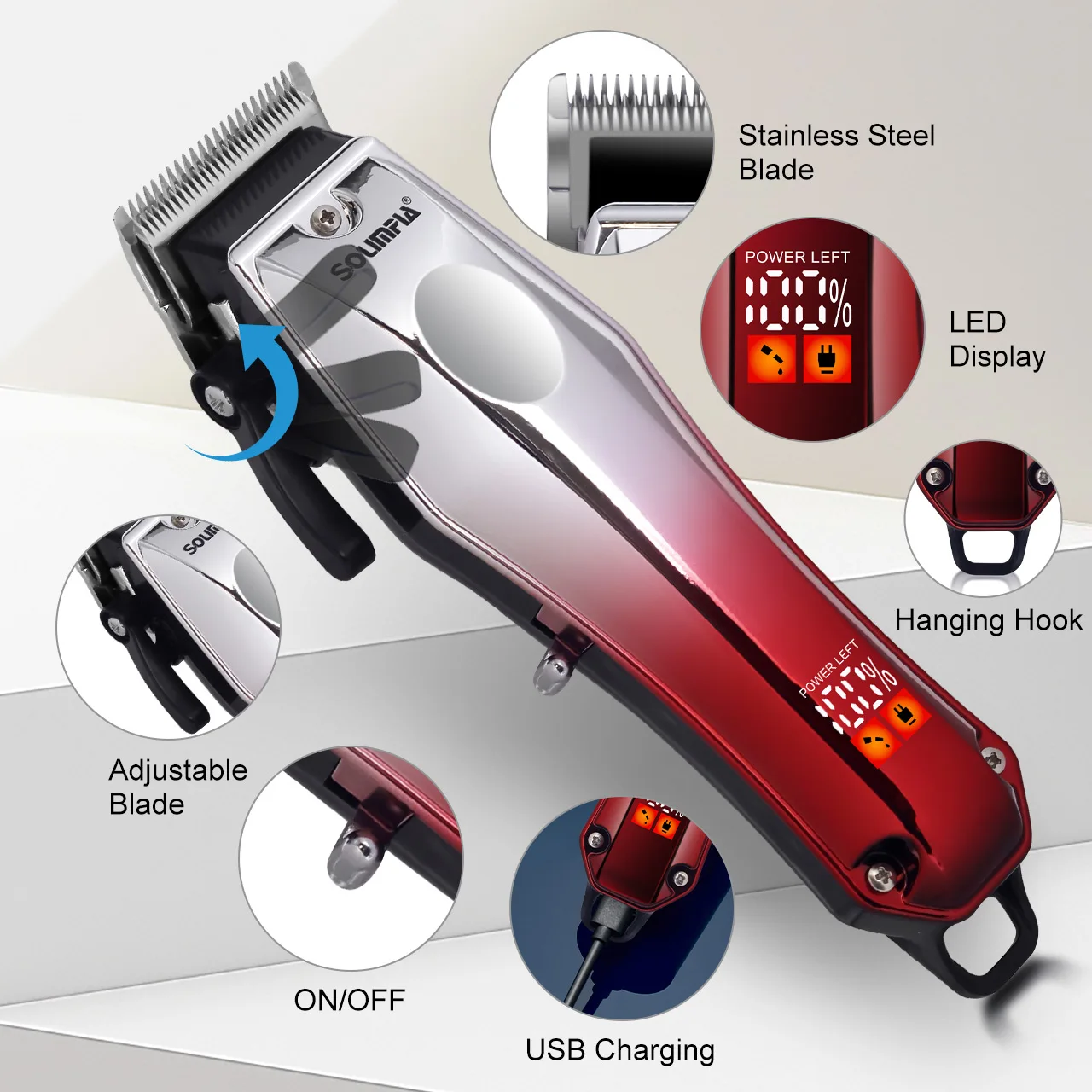 Solimpia Electric Hair Clippers Adjustable Hair Cutter Machine USB Charging Hair Trimmer for Men Grooming