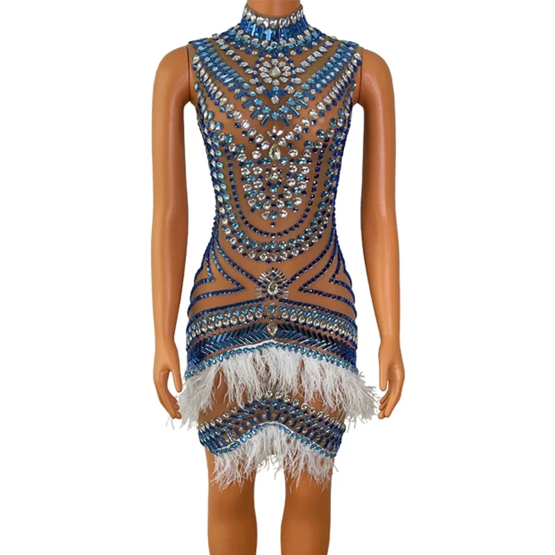 Robe de soirée pour femmes, strass colorés, plumes, robe de célébration d'anniversaire, robes de soirée, Costume de Festival, tenue XS6637