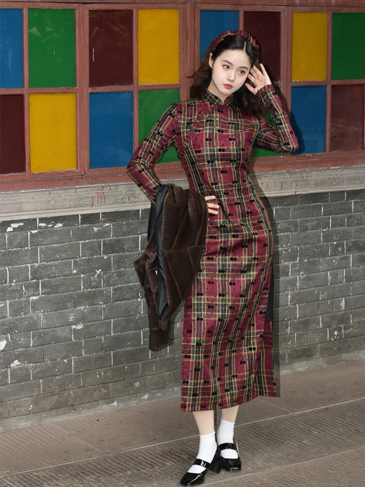 

Ele Young Sle Qipao Dr Slimming Retro Revamp National Trend Cotton Blend Long Sve Mid-Length Qipao Gown