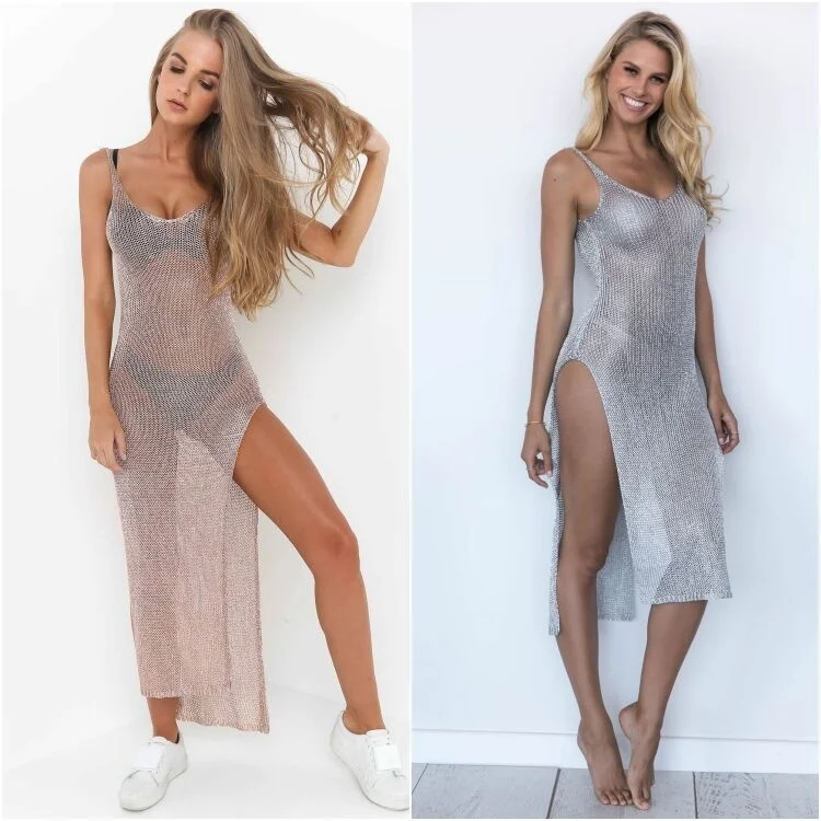 Sexy Sheer Net Mesh Knitted Glitter Tunic Beach Cover Up Cover-ups Long Beach Dress Beach Wear Beachwear Female Women Robe