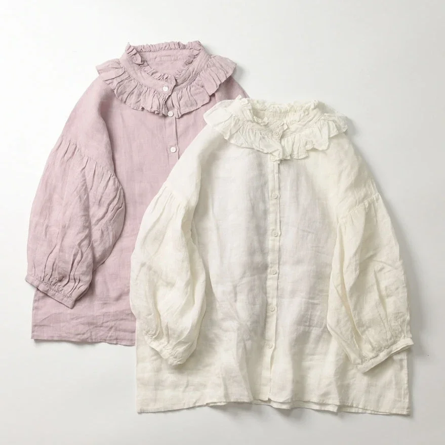 

Vintage Linen Sweet Ruffled Collar Long Puff Sleeve Loose Fit White Shirt Spring Women Mori Girl Kawaii Edwardian Babydoll Top