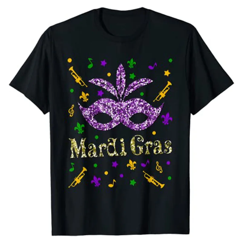 Mardi Gras 2022 - Womens Girls Mask Beads New Orleans Party T-Shirt Graphic Tee Clothing Woman Funny Gift Idea for Ladies Tops